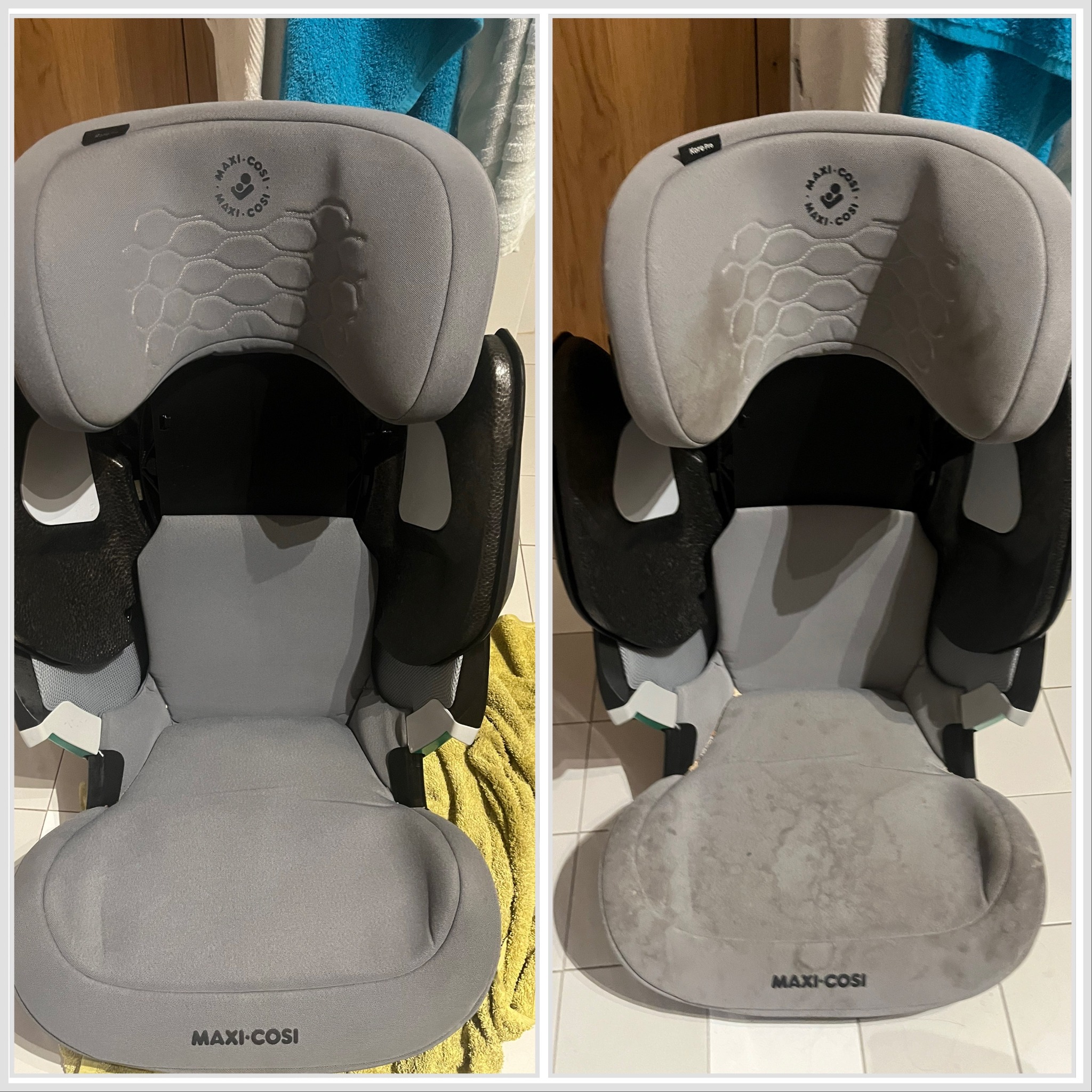Fotografia typu 'przed i po' przedstawia wyczyszczony fotelik samochodowy Maxi-Cosi. Po lewej stronie fotelik jest czysty, po prawej widać zabrudzenia przed czyszczeniem.