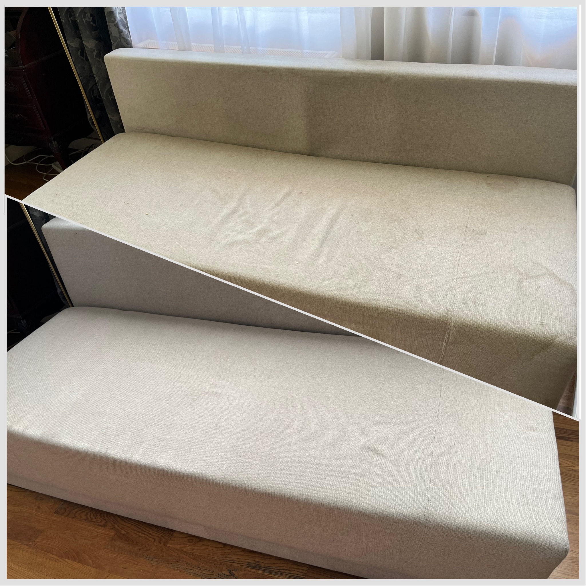 Jasna kanapa tapicerowana w ujęciu 'przed i po' czyszczeniu. Górna część z widocznymi plamami, dolna po zabiegu, ukazująca odświeżony, jednolity kolor.