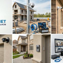SECURENET - Kompozycja z instalacji kamer: logo, budowa, dom z kamerami, skrzynka narzędziowa, podgląd z kamer na monitorze. Zestawienie elementów systemu.