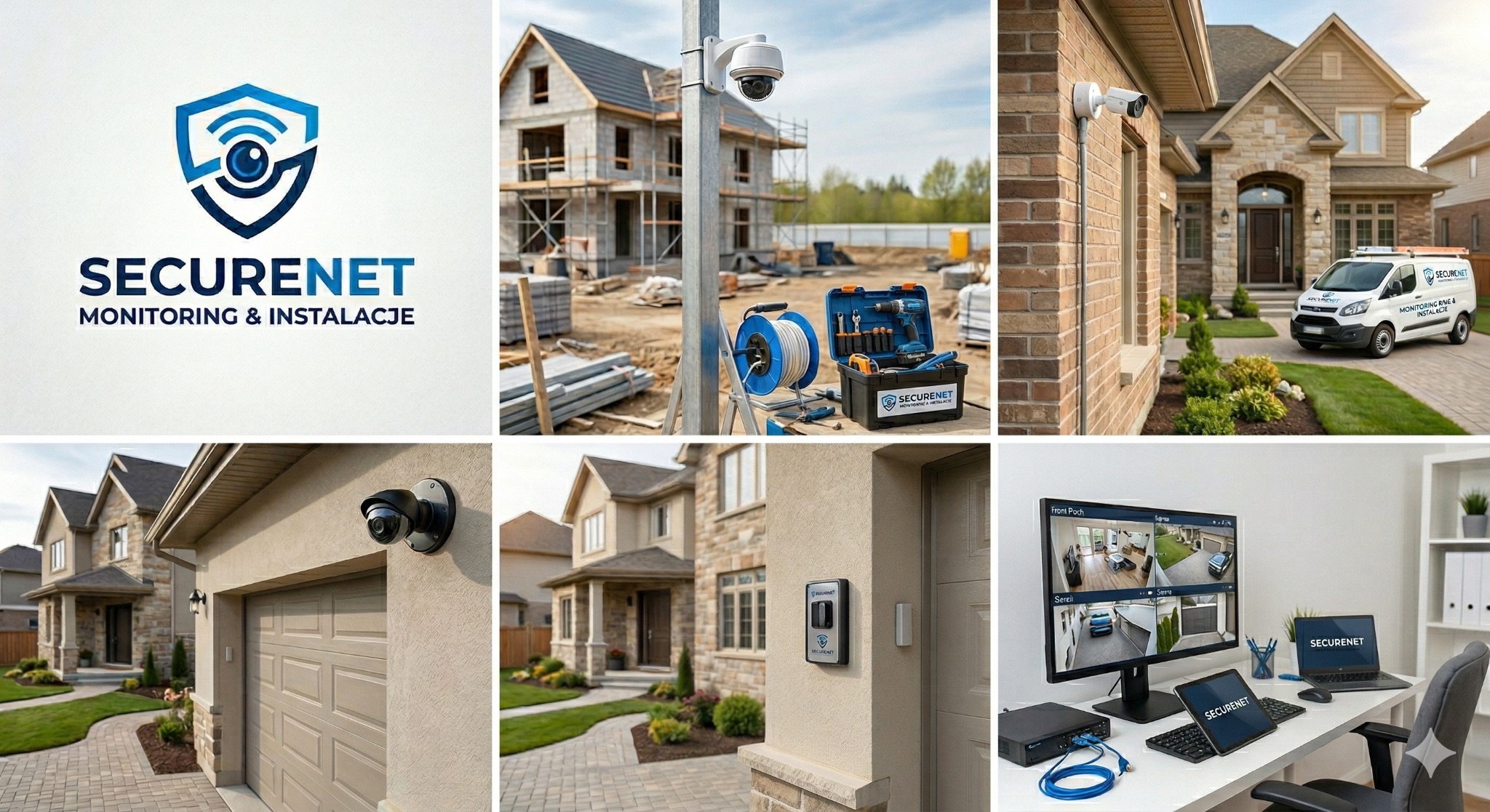 Kompozycja z instalacji kamer: logo, budowa, dom z kamerami, skrzynka narzędziowa, podgląd z kamer na monitorze. Zestawienie elementów systemu.