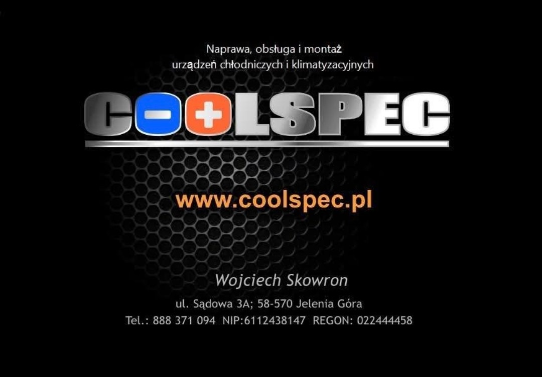 Czarno-szare tło z logotypem Coolspec, adresem strony www, danymi kontaktowymi i informacją o naprawie, obsłudze i montażu urządzeń chłodniczych i klimatyzacyjnych.