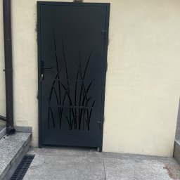 KAROL SZULAKIEWICZ - Metalowa furtka z wycinanym motywem roślinnym, umieszczona przy schodach i ścianie budynku. Ciemna kolorystyka kontrastuje z jasnym tłem.