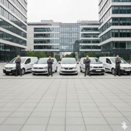 AB SOLUTION TOMASZ GŁOGOWSKI - Flota serwisowa: Pięć białych samochodów dostawczych różnych marek, z pracownikami w szarych kombinezonach na tle nowoczesnego biurowca. Prezentacja firmy.