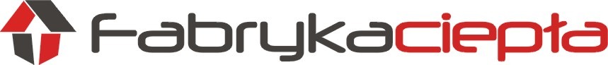 Logo firmy Fabryka Ciepła z czerwono-szarym symbolem domu i nazwą w kolorze szarym i czerwonym na białym tle. Minimalistyczny design.