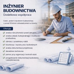 Maksim Siparov - Inżynier budownictwa w kasku, analizujący projekt na tle budowy. Oferta: analiza nieruchomości, kosztorysy, dokumentacja, doradztwo, kontrola robót.