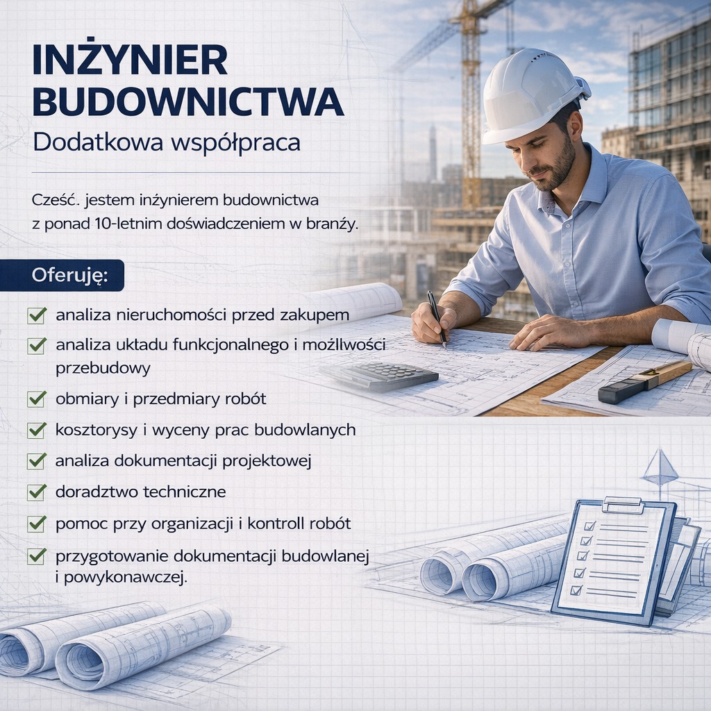 Inżynier budownictwa w kasku, analizujący projekt na tle budowy. Oferta: analiza nieruchomości, kosztorysy, dokumentacja, doradztwo, kontrola robót.
