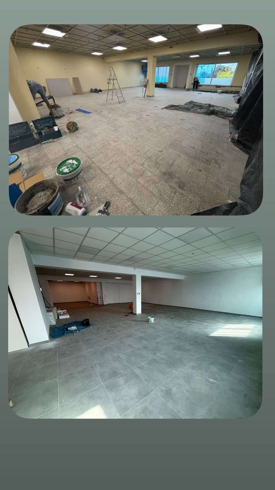 Biuro przed i po malowaniu w Ciechocinku. Na górze: przygotowania, narzędzia. Na dole: świeżo pomalowane ściany, czysta podłoga, gotowe do użytku.