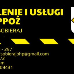 Szkolenia i Usługi BHP i PPOŻ Andrzej Sobieraj - Szkolenia BHP/PPOŻ Andrzej Sobieraj: kontakt (tel, email, adres, REGON) na czarnym tle z żółtymi akcentami i logo BHP w żółtym rombie.