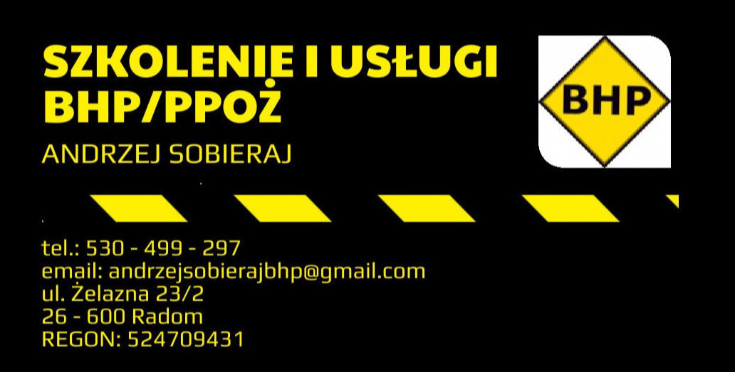 Szkolenia BHP/PPOŻ Andrzej Sobieraj: kontakt (tel, email, adres, REGON) na czarnym tle z żółtymi akcentami i logo BHP w żółtym rombie.