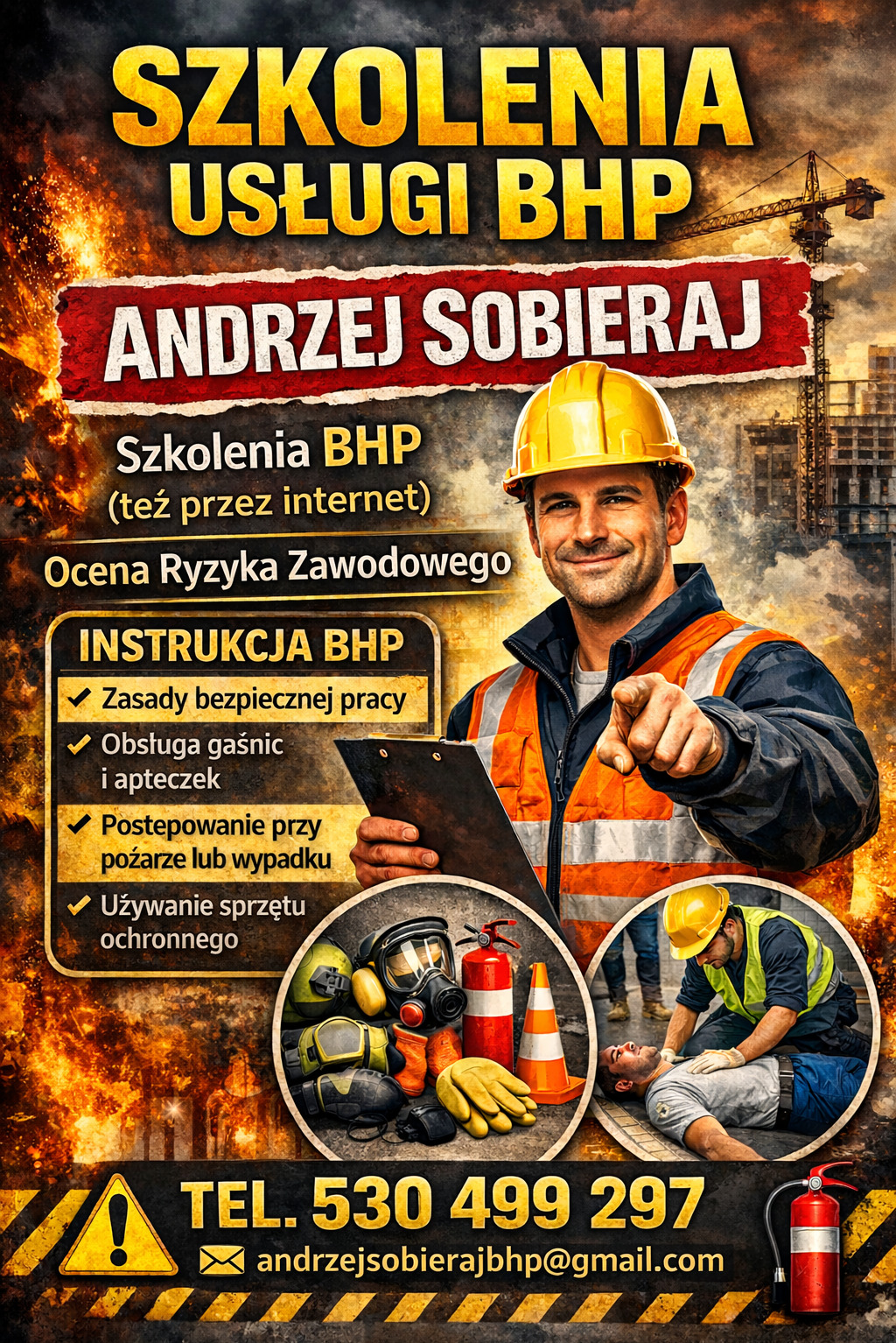Plakat informujący o szkoleniach BHP z zakresu bezpieczeństwa pracy, obsługi gaśnic, postępowania w razie pożaru i używania sprzętu ochronnego. Kontakt telefoniczny i mailowy.