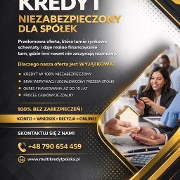 MULTIKREDYT POLSKA ANNA WIŚNIEWSKA-BURCHARD - Czarno-złoty baner reklamowy Multikredyt Polska z ofertą kredytu niezabezpieczonego dla spółek. Widoczny numer telefonu i adres strony internetowej. W tle kobieta używająca telefonu.