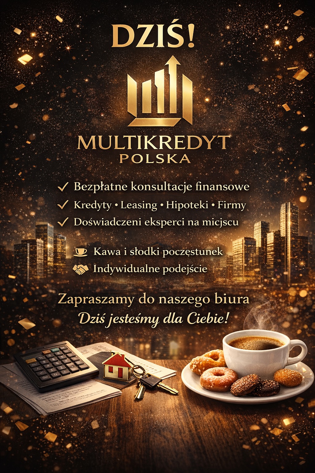 Grafika reklamowa Multikredyt Polska: bezpłatne konsultacje, kredyty, leasing, hipoteki. Kawa, słodki poczęstunek, indywidualne podejście. Zapraszamy do biura!