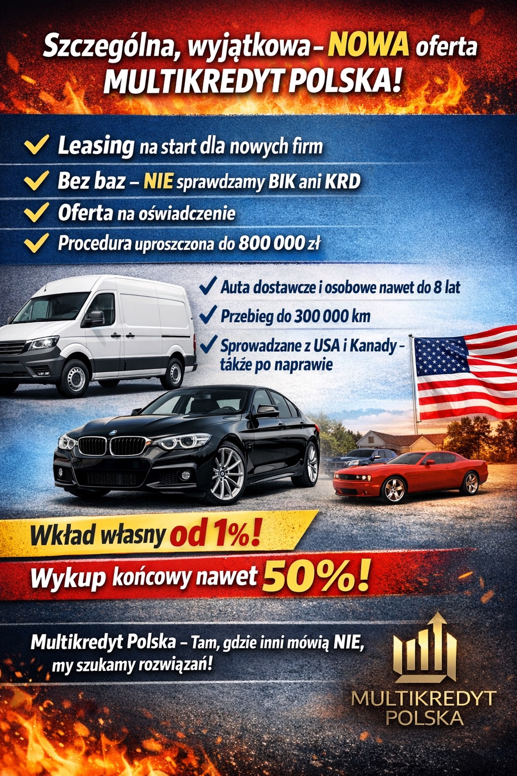 Oferta Multikredyt Polska: leasing dla firm, auta dostawcze i osobowe, sprowadzane z USA/Kanady. Wkład własny od 1%, wykup końcowy 50%.