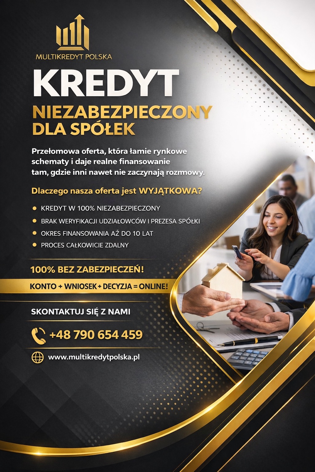 Czarno-złoty baner reklamowy Multikredyt Polska z ofertą kredytu niezabezpieczonego dla spółek. Widoczny numer telefonu i adres strony internetowej. W tle kobieta używająca telefonu.