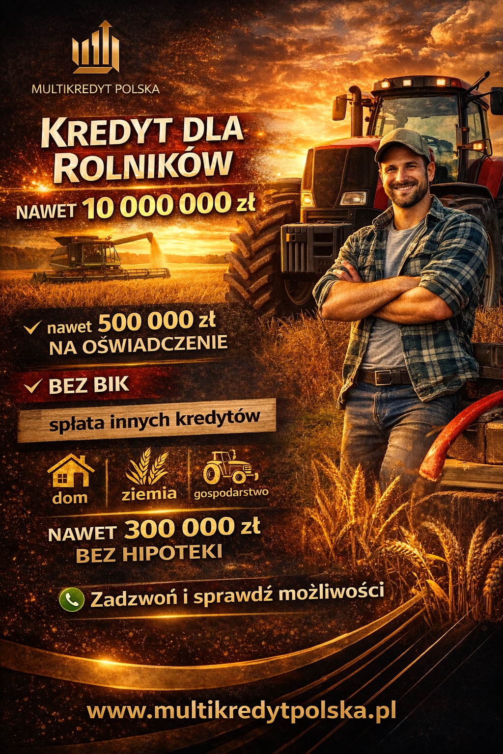 Plakat kredytu dla rolników Multikredyt Polska. Uśmiechnięty rolnik na tle kombajnu i ciągnika. Oferta: do 10 mln zł, bez BIK, na oświadczenie, spłata innych kredytów.