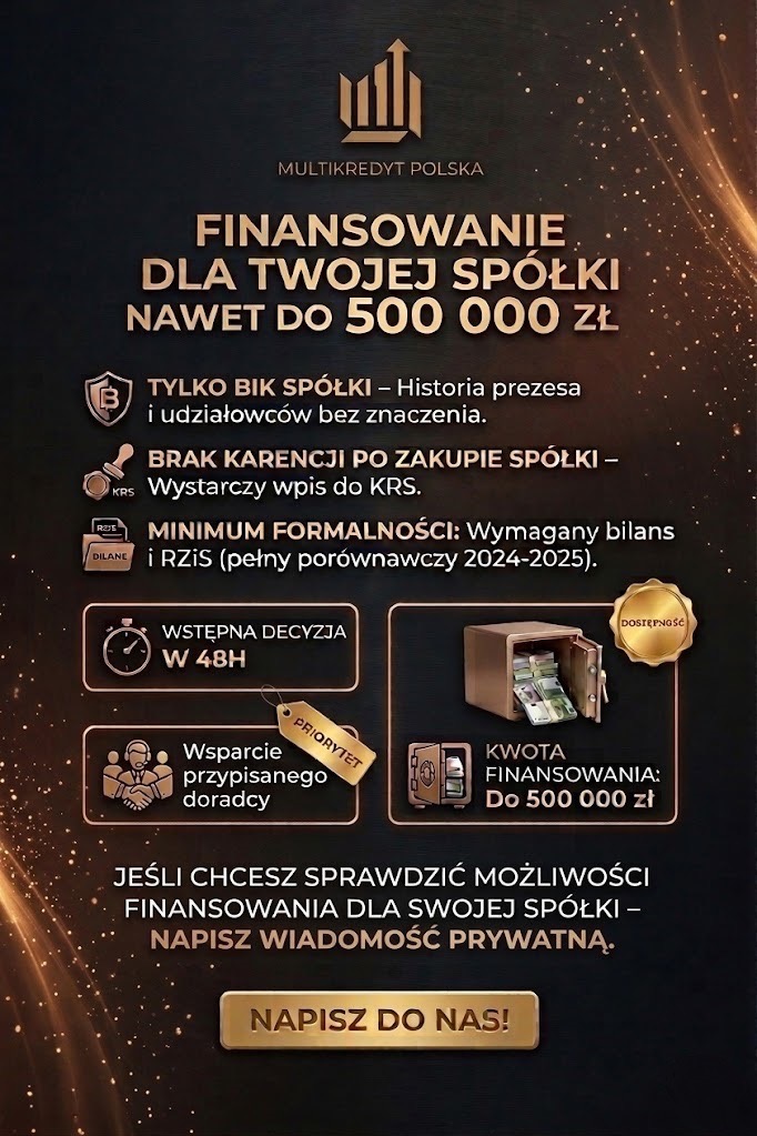 Finansowanie dla spółki do 500 000 zł. Brak karencji, minimum formalności, wstępna decyzja w 48h, wsparcie doradcy. Złoty sejf z pieniędzmi. Napisz do nas!