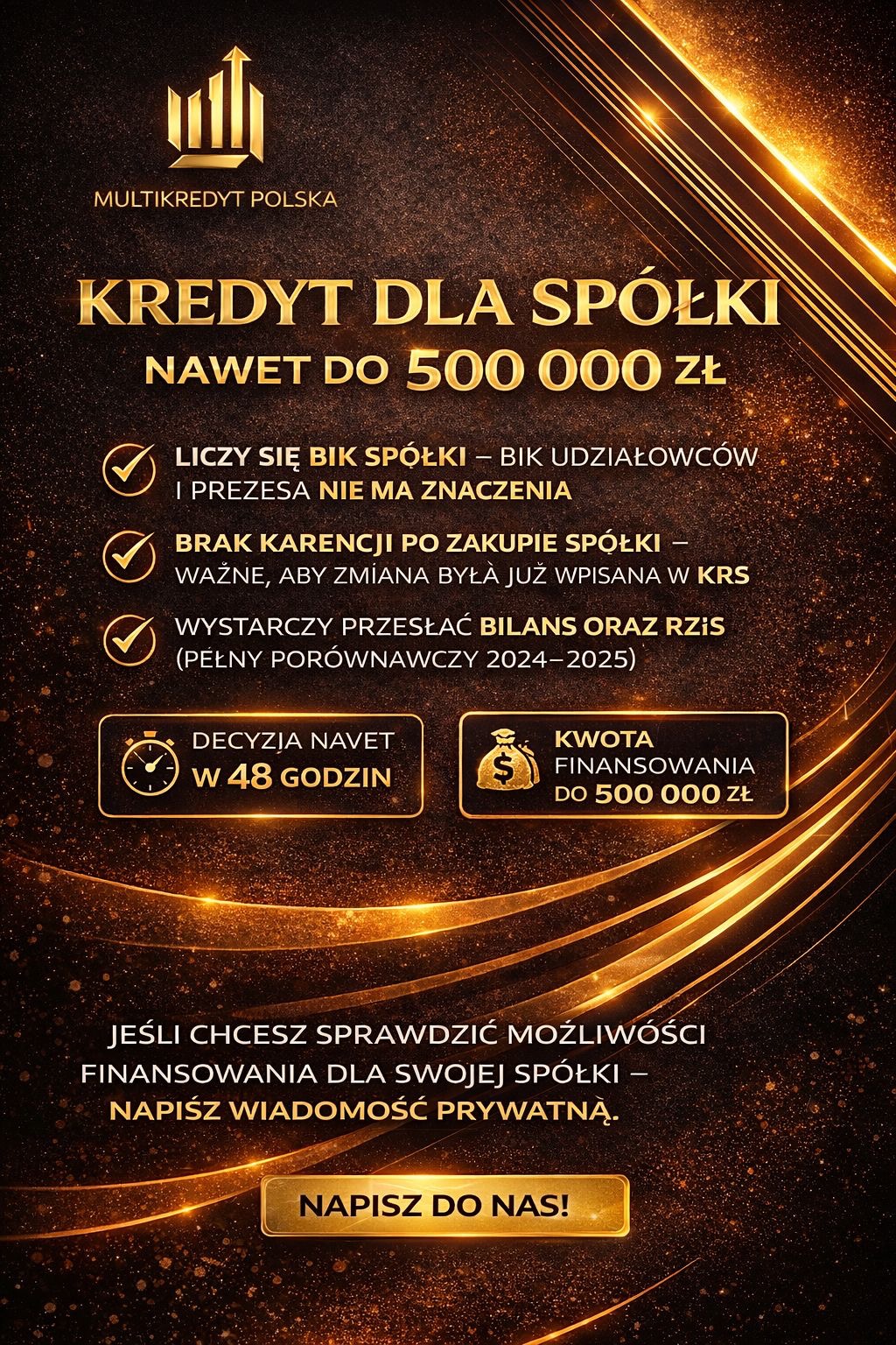 Grafika reklamowa Multikredyt Polska: Kredyt dla Spółki do 500 000 zł. Szybka decyzja, brak karencji. Wystarczy bilans i RZiS. Napisz do nas!