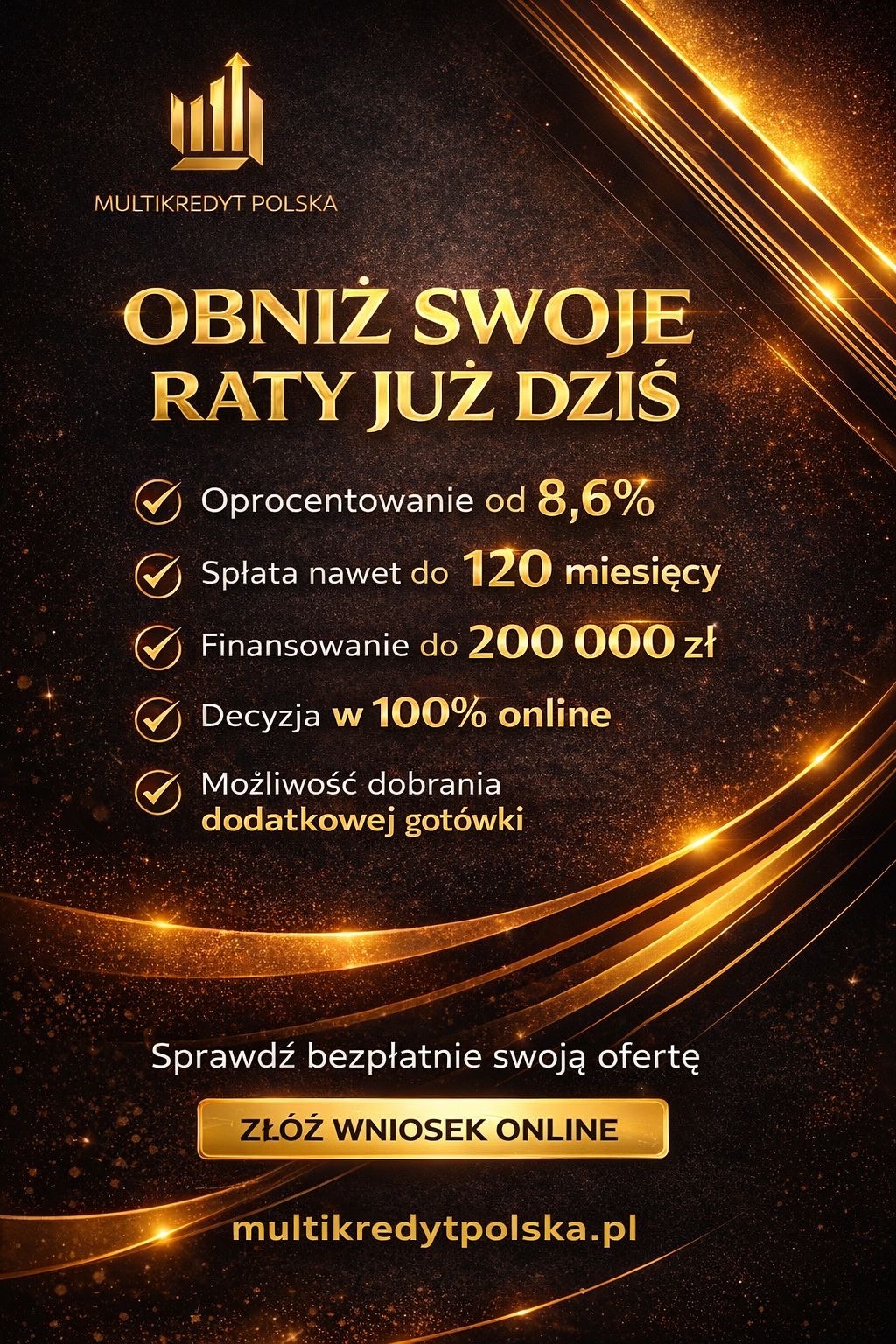 Grafika reklamowa Multikredyt Polska: obniż raty, oprocentowanie od 8,6%, spłata do 120 miesięcy, finansowanie do 200 000 zł, decyzja online. Złóż wniosek online.