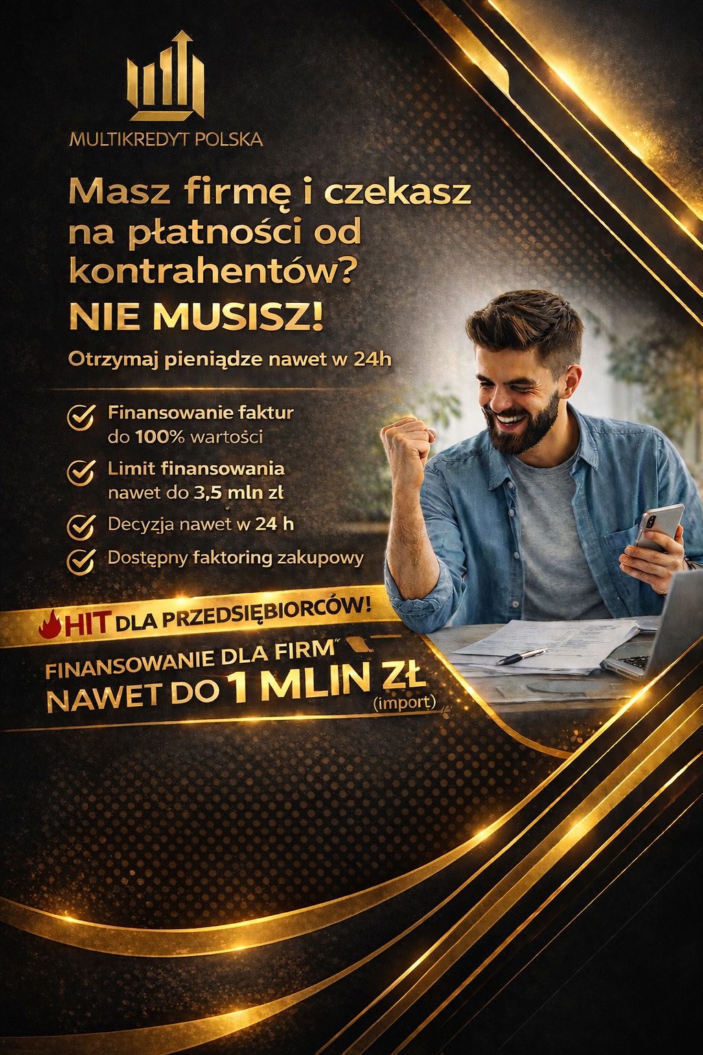 Czarno-złoty baner Multikredyt Polska z uśmiechniętym mężczyzną przy biurku, oferujący finansowanie faktur do 1 mln zł dla firm. Szybka decyzja i faktoring zakupowy.