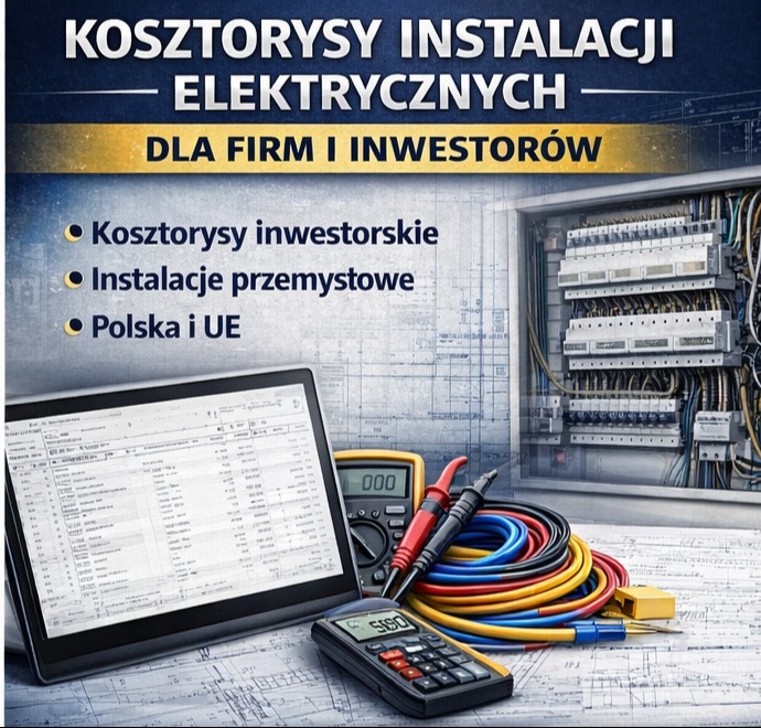 Kosztorysy instalacji elektrycznych dla firm i inwestorów. Tablet z kosztorysem, miernik, kalkulator i kable na tle schematu elektrycznego. Rozdzielnia elektryczna w tle.