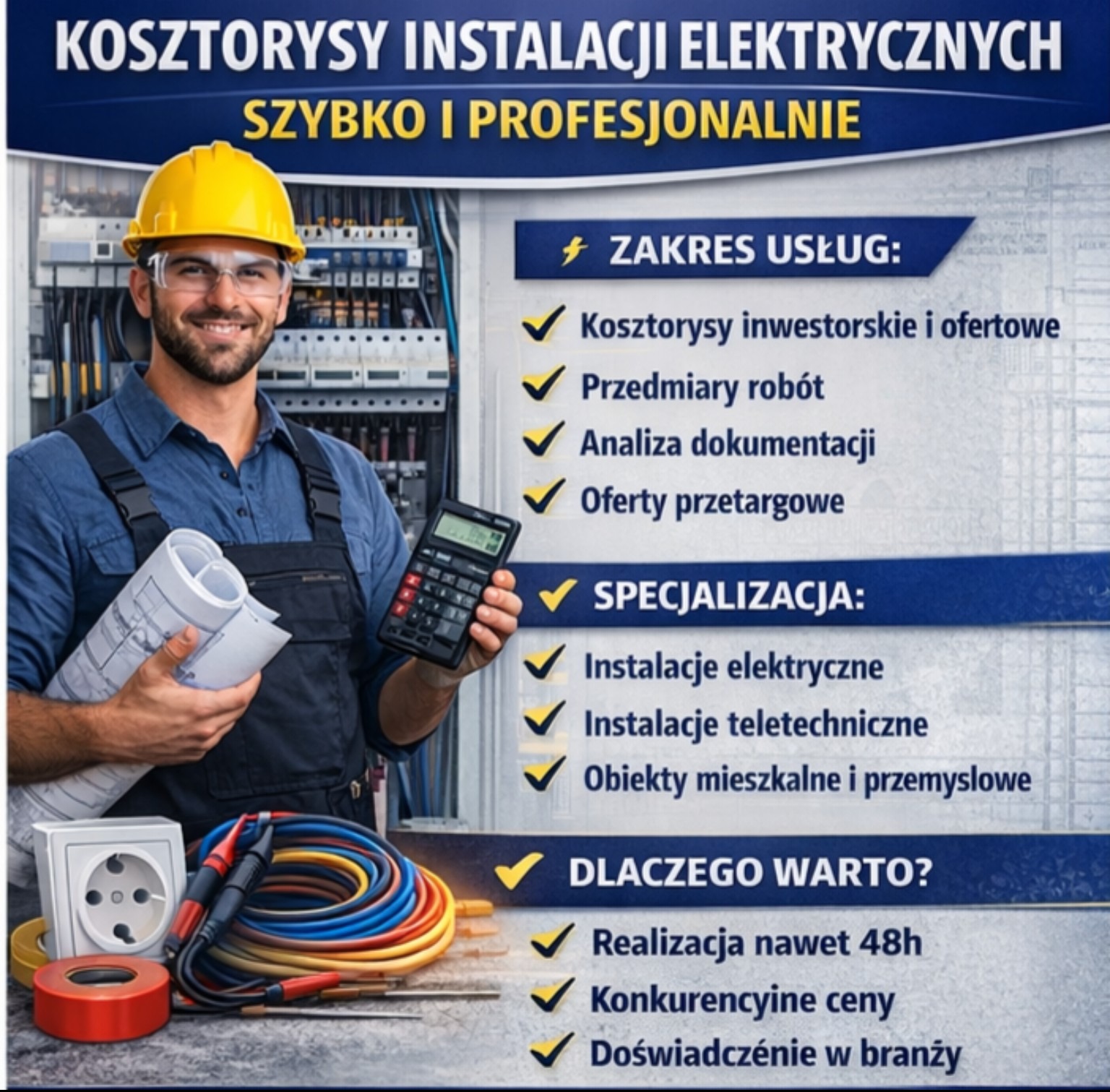 Elektryk w kasku prezentuje kosztorysy instalacji elektrycznych, kalkulator i zwój kabli. W tle rozdzielnica. Szybko i profesjonalnie, konkurencyjne ceny.