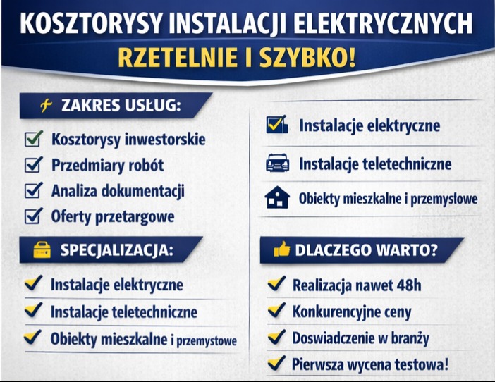Kosztorysy instalacji elektrycznych Sławików: zakres usług (kosztorysy, analizy), specjalizacja (instalacje elektryczne, teletechniczne). Rzetelnie i szybko!