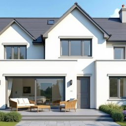 FIOŁBUD GRAŻYNA FIJAŁKOWSKA - Nowoczesny dom z białymi ścianami, szarym dachem i oknami. Widoczny taras z meblami ogrodowymi i zadbana zieleń. Minimalistyczny design i spokojna kolorystyka.