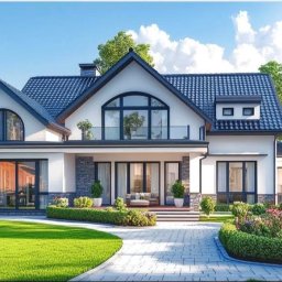 FIOŁBUD GRAŻYNA FIJAŁKOWSKA - Elegancki, dwukondygnacyjny dom z ciemnym dachem i dużymi oknami, otoczony zadbanym ogrodem z krzewami i trawnikiem. Widok z przodu, w słoneczny dzień.