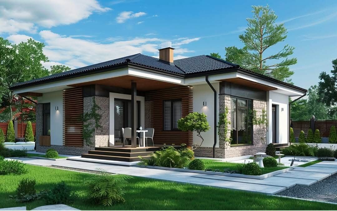 Nowoczesny dom parterowy z elementami kamienia i drewna, czarnym dachem i zadbanym ogrodem. Widoczne schody wejściowe i taras z meblami.