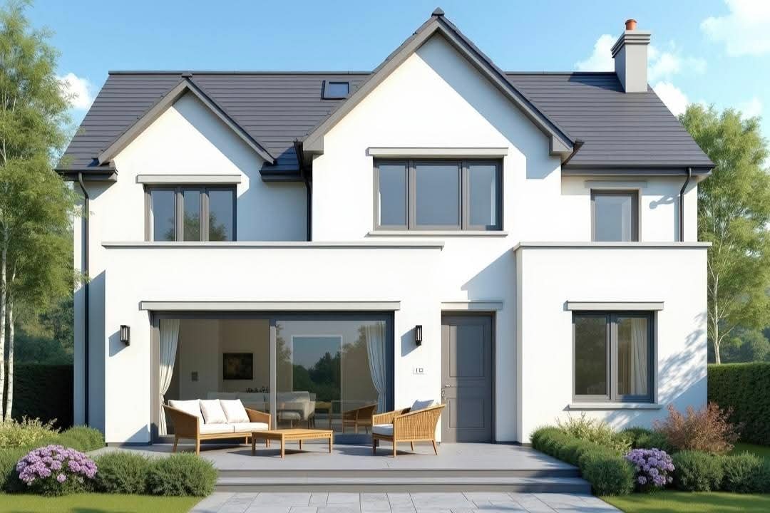 Nowoczesny dom z białymi ścianami, szarym dachem i oknami. Widoczny taras z meblami ogrodowymi i zadbana zieleń. Minimalistyczny design i spokojna kolorystyka.