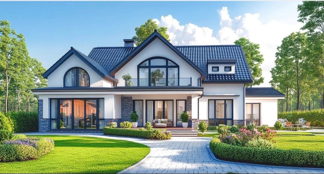 Elegancki, dwukondygnacyjny dom z ciemnym dachem i dużymi oknami, otoczony zadbanym ogrodem z krzewami i trawnikiem. Widok z przodu, w słoneczny dzień.