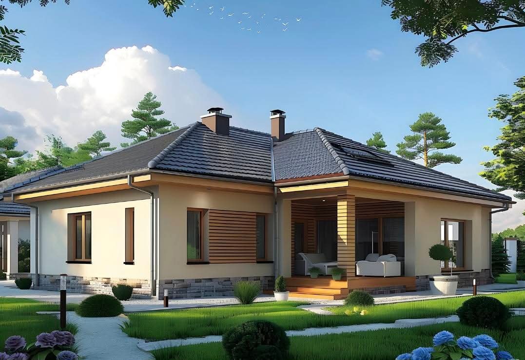 Projekt domu jednorodzinnego z zadaszonym tarasem, wykończonego w jasnych barwach z elementami drewna i kamienia, otoczonego zielonym ogrodem i ścieżką.