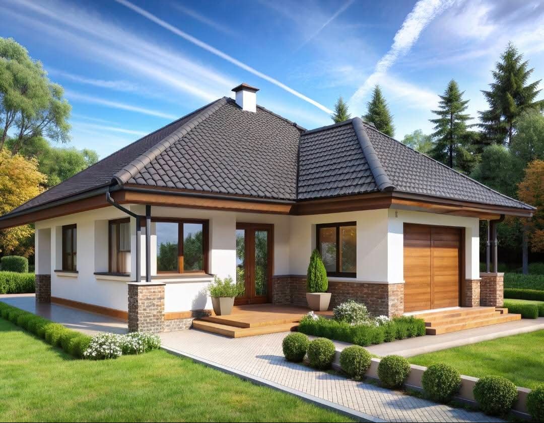 Parterowy dom z garażem, białą elewacją i ciemną dachówką. Uwagę zwraca starannie zagospodarowany ogród z niskimi krzewami i chodnikiem z kostki.