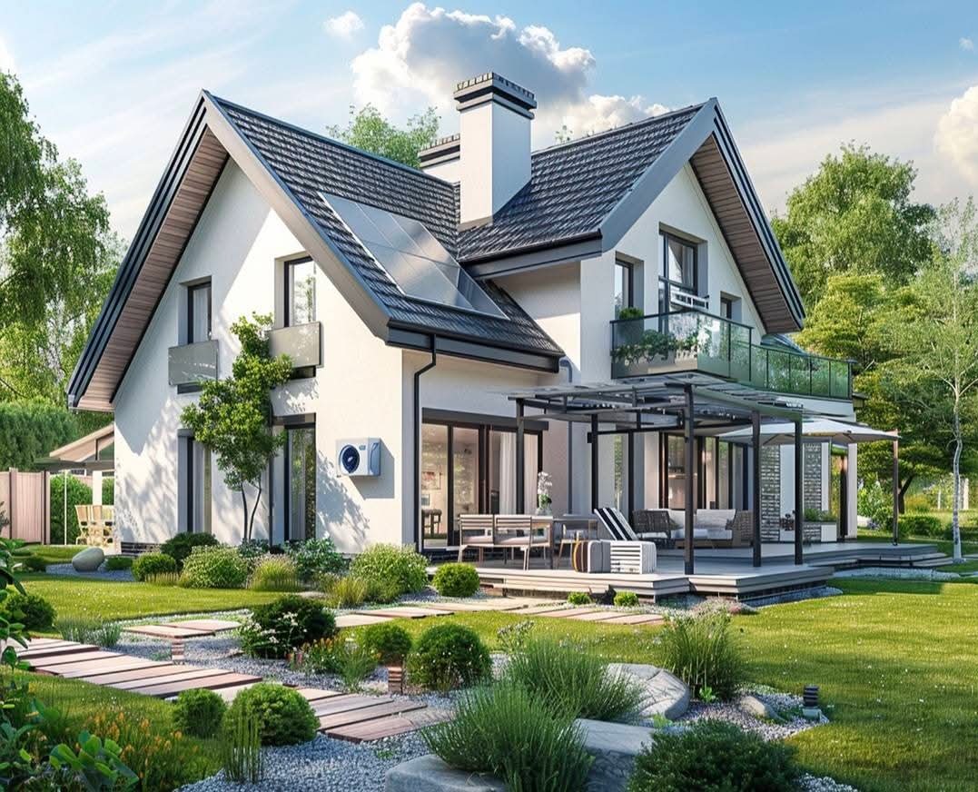 Nowoczesny dom z białymi ścianami, ciemnym dachem i tarasem. Widoczne panele słoneczne na dachu i klimatyzator na ścianie. Uwagę przykuwa zadbany ogród z kamiennymi ścieżkami.