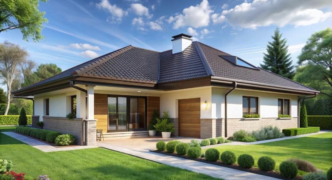 Parterowy dom z brązowym dachem i drewnianymi akcentami, otoczony zielonym trawnikiem i ozdobnymi krzewami. Widoczny taras i garaż z bramą segmentową.