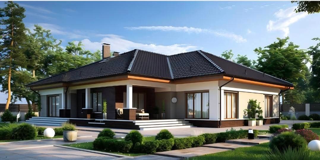 Elegancki, parterowy dom z ciemną dachówką i jasną elewacją, otoczony zielenią. Widoczny taras z meblami ogrodowymi i zadbany trawnik z dekoracyjnymi krzewami.