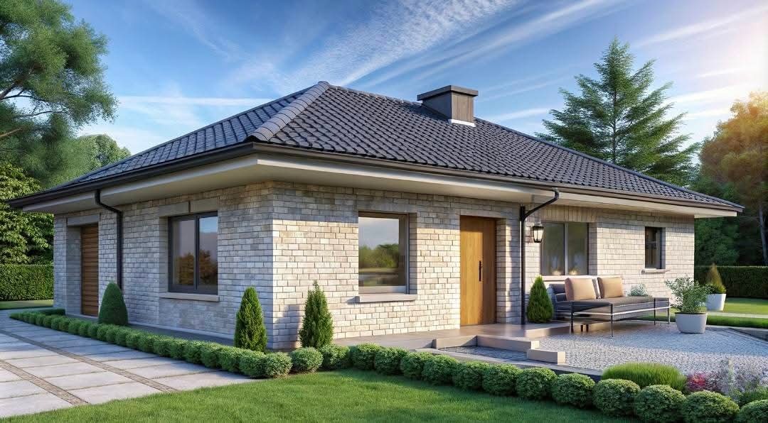Parterowy dom z jasnej cegły z ciemną dachówką i kominem. Widoczne okna, drzwi wejściowe i fragment tarasu z meblami ogrodowymi. Otoczenie: trawnik, krzewy i drzewa.