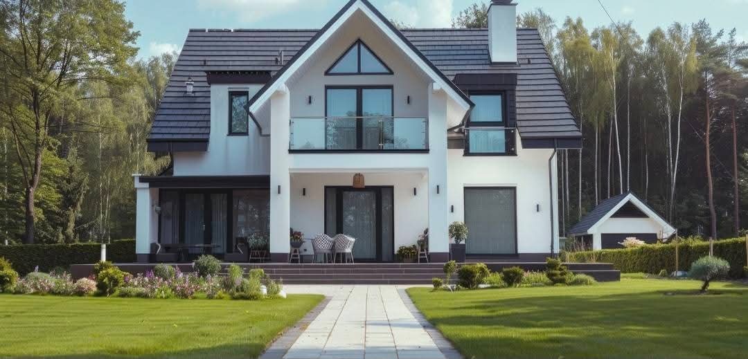 Elegancki, dwukondygnacyjny dom z balkonem w Drobinie. Biała elewacja, ciemny dach, zadbany trawnik i ścieżka prowadząca do wejścia. Widok z przodu, słoneczny dzień.