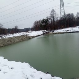 D.DKOP - Zimowy krajobraz z wykopanym stawem o mulistej wodzie, otoczonym śniegiem i brzegiem z piasku. W tle las i słup wysokiego napięcia.