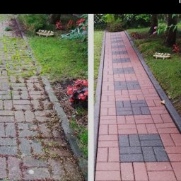 Michał Nowak - Efekt przed i po: Zarośnięta kostka brukowa vs. czysta, czerwono-szara ścieżka w ogrodzie, otoczona zielenią i kwiatami. Widoczne różnice w kolorze i strukturze.