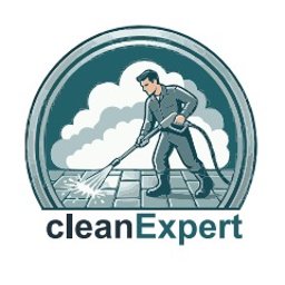 Michał Nowak - Grafika: Mężczyzna w kombinezonie czyści kostkę brukową myjką ciśnieniową. Logo 'cleanExpert' na dole. Stylizowany obraz w okrągłej ramie.