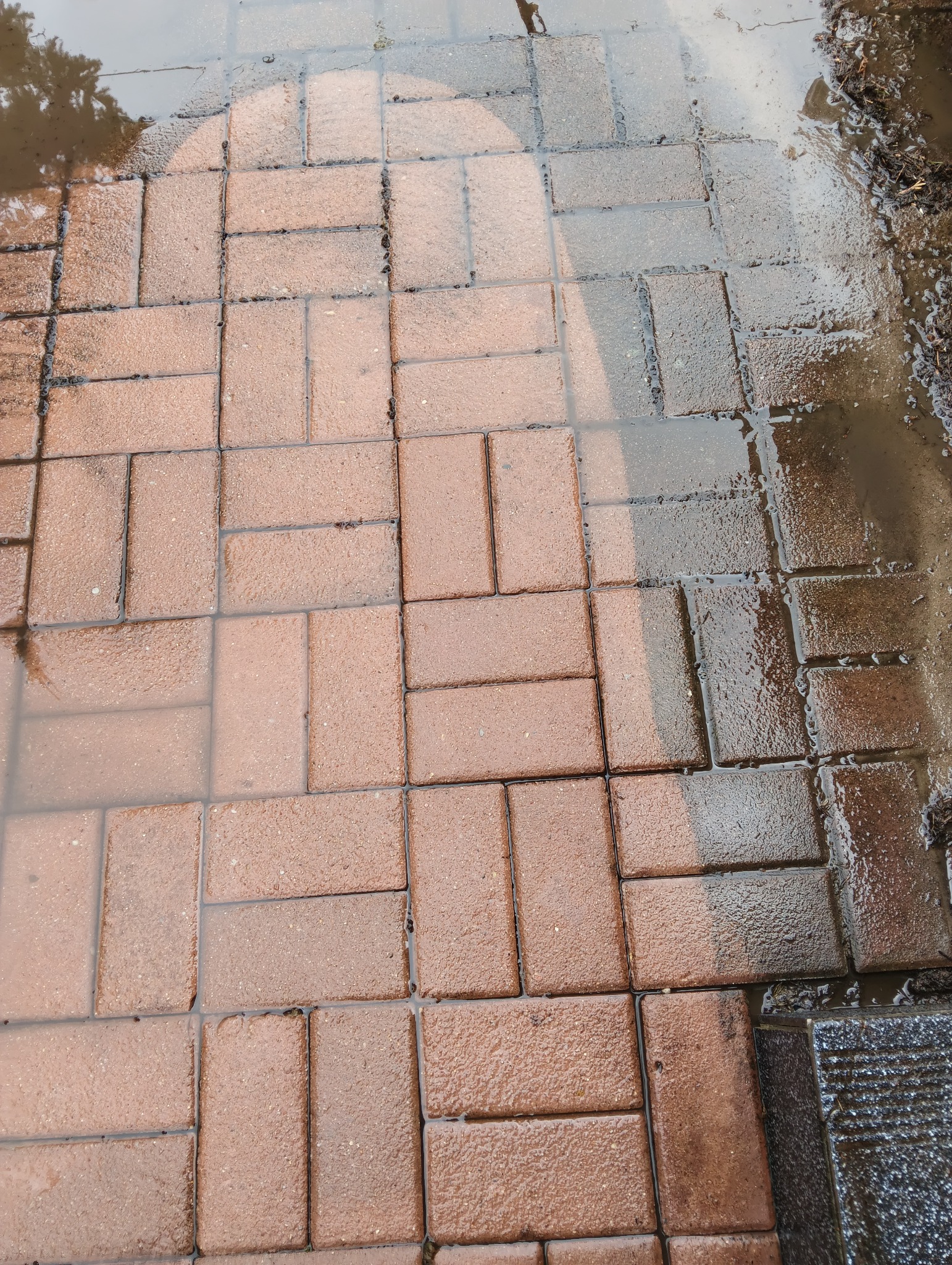 Częściowo umyta, mokra kostka brukowa w odcieniach czerwieni i brązu. Widoczna różnica w czystości między umytą a brudną powierzchnią. Woda zbiera się w zagłębieniach.