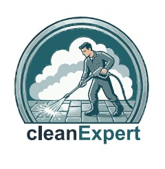 Grafika: Mężczyzna w kombinezonie czyści kostkę brukową myjką ciśnieniową. Logo 'cleanExpert' na dole. Stylizowany obraz w okrągłej ramie.
