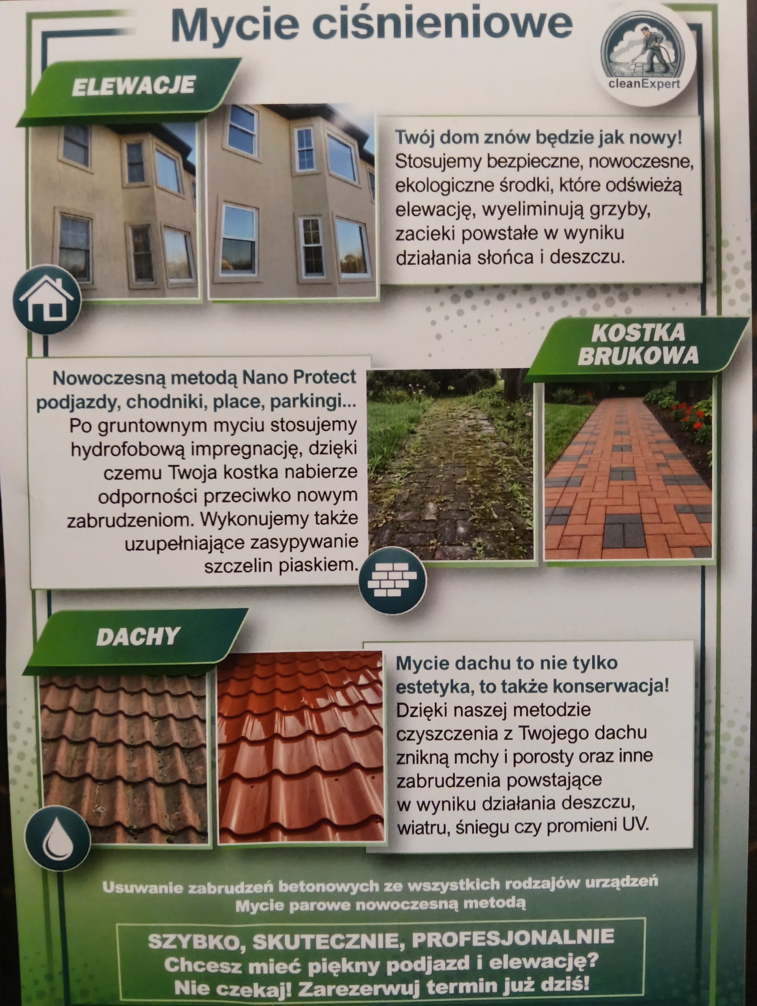 Ulotka reklamowa firmy CleanExpert oferującej mycie ciśnieniowe elewacji, kostki brukowej i dachów. Zdjęcia przed i po czyszczeniu. Szybko, skutecznie, profesjonalnie.