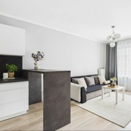 Evesta Sp. z o.o. - Jasne wnętrze po home stagingu: salon z aneksem kuchennym. Szara sofa z poduszkami, biały dywan, stół. Kuchnia z białymi szafkami i czarnym panelem. Kwiaty w wazonie.