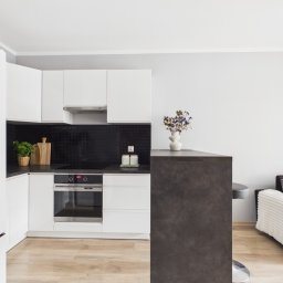 Evesta Sp. z o.o. - Jasna kuchnia z czarnym panelem, drewnianą deską i kwiatami w wazonie. Minimalistyczny design, nowoczesne oświetlenie, parkiet. Widok na salon z kanapą.