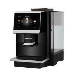 Kawonament - Profesjonalny ekspres do kawy w czarnej obudowie z dotykowym ekranem prezentującym menu napojów. Widoczny pojemnik na ziarna i zbiornik na wodę.
