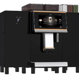 Kawonament - Czarny, automatyczny ekspres do kawy z dotykowym ekranem i pojemnikami na ziarna, prezentujący menu napojów. Nowoczesny design, idealny do biura lub gastronomii.