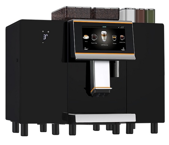 Czarny, automatyczny ekspres do kawy z dotykowym ekranem i pojemnikami na ziarna, prezentujący menu napojów. Nowoczesny design, idealny do biura lub gastronomii.