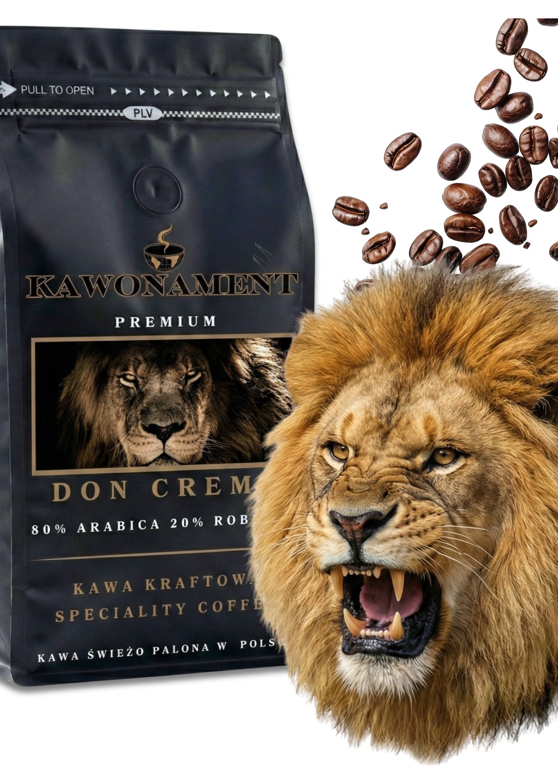 Czarna paczka kawy Kawonament Premium z wizerunkiem lwa, otoczona ziarnami kawy i głową lwa z otwartą paszczą. Kawa kraftowa, świeżo palona w Polsce.